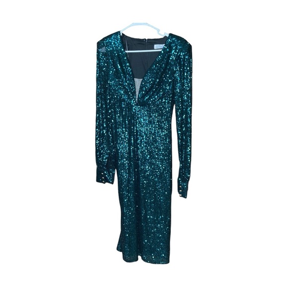 Mac Duggal 26866 Sequined Structured Bishop Sleeve Midi DressTeal Size 4 NWT - Picture 2 of 14